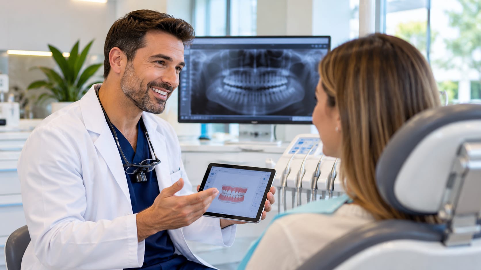 Profesional de una clínica dental revisando una radiografía en una tablet