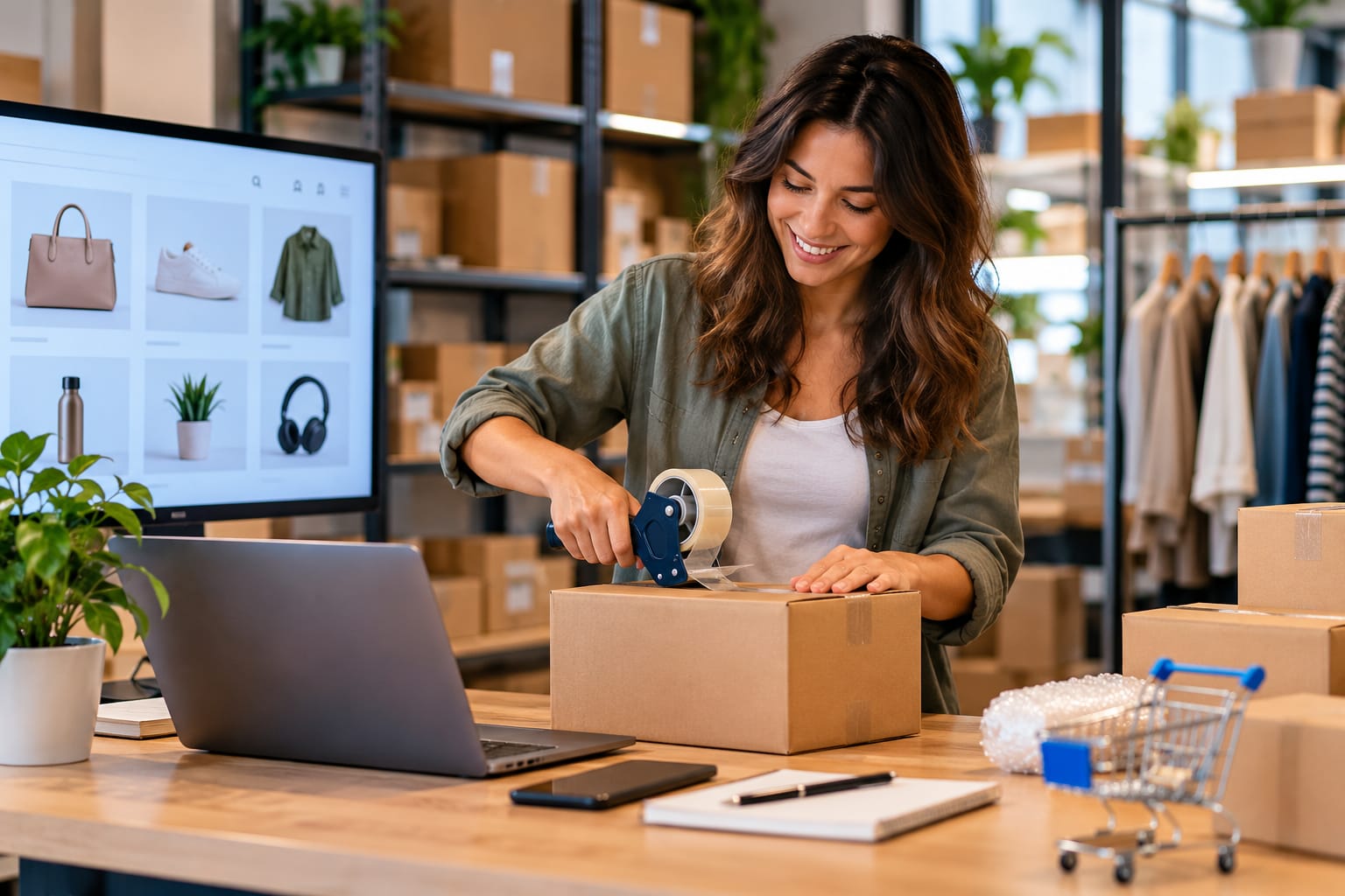 Emprendedora preparando pedidos de su tienda online