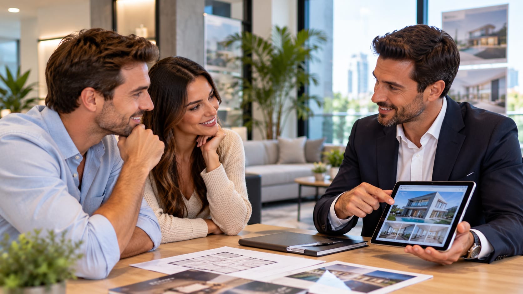 Asesora inmobiliaria atendiendo a una pareja en una oficina