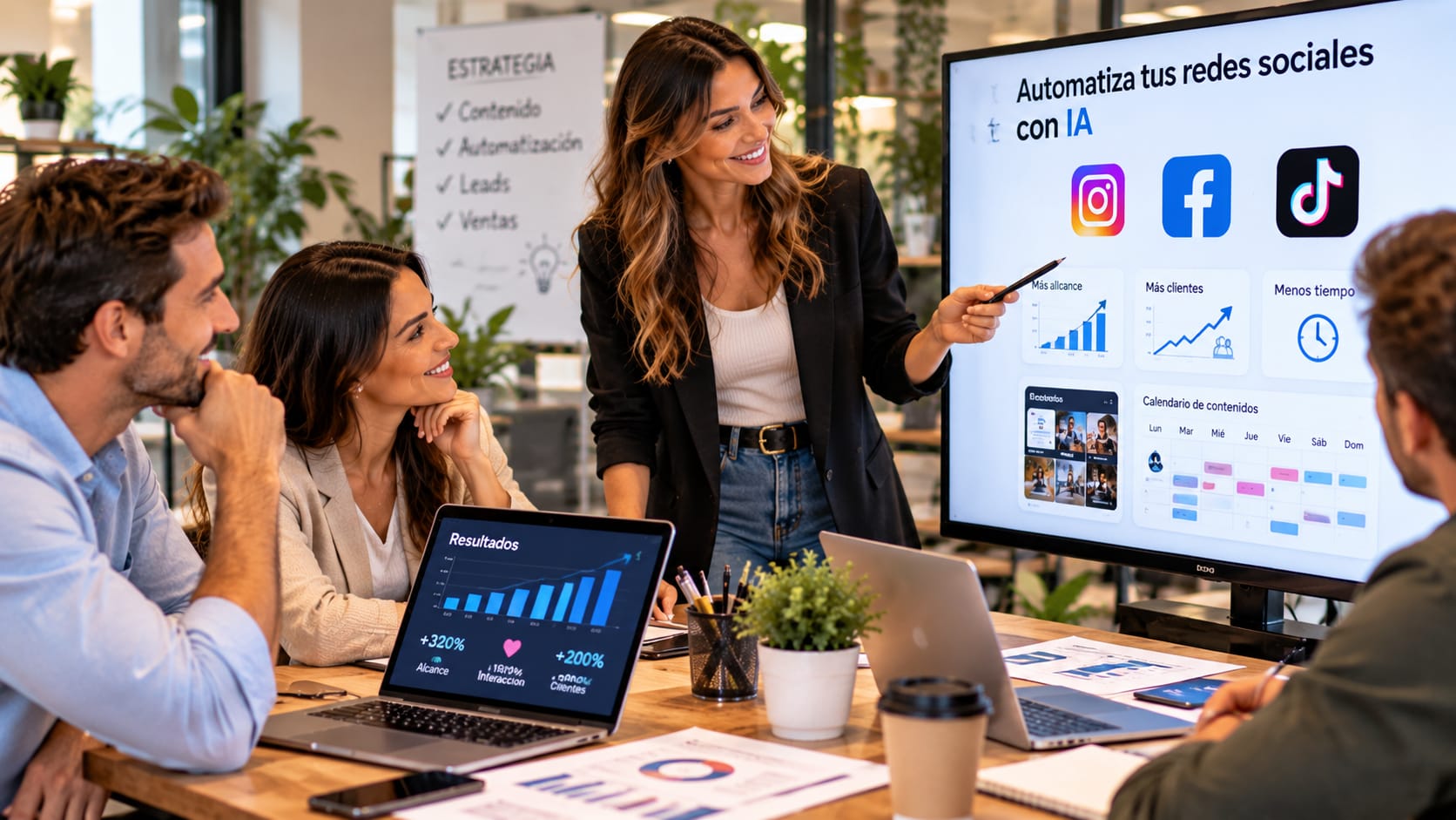 Equipo trabajando en una estrategia digital con inteligencia artificial