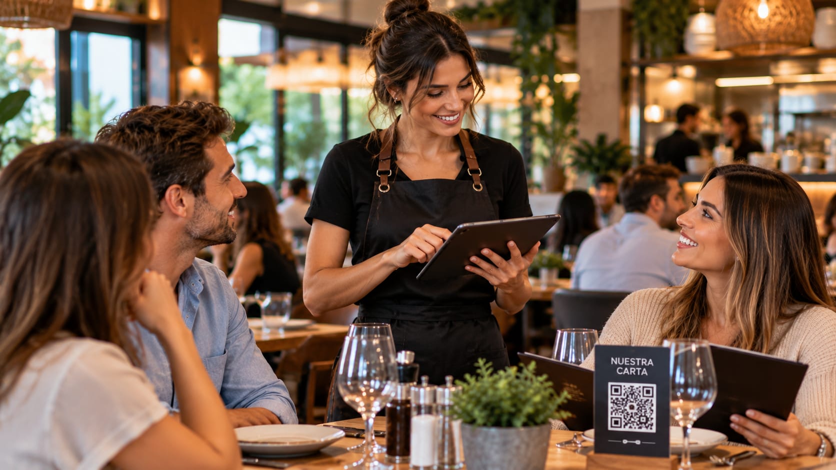 Profesional de un restaurante mostrando un menú QR